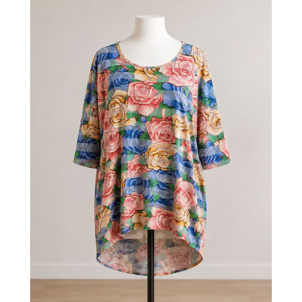 LuLaRoe Irma Women’s L Large Floral Rose Tunic Top 3/4 Sleeve Multicolor NWOT